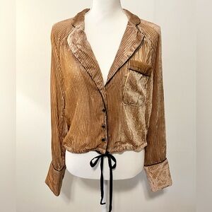 NWOT Free People Aspen Nights Cropped Ribbed Velvet Top Tan/Black  Size Small